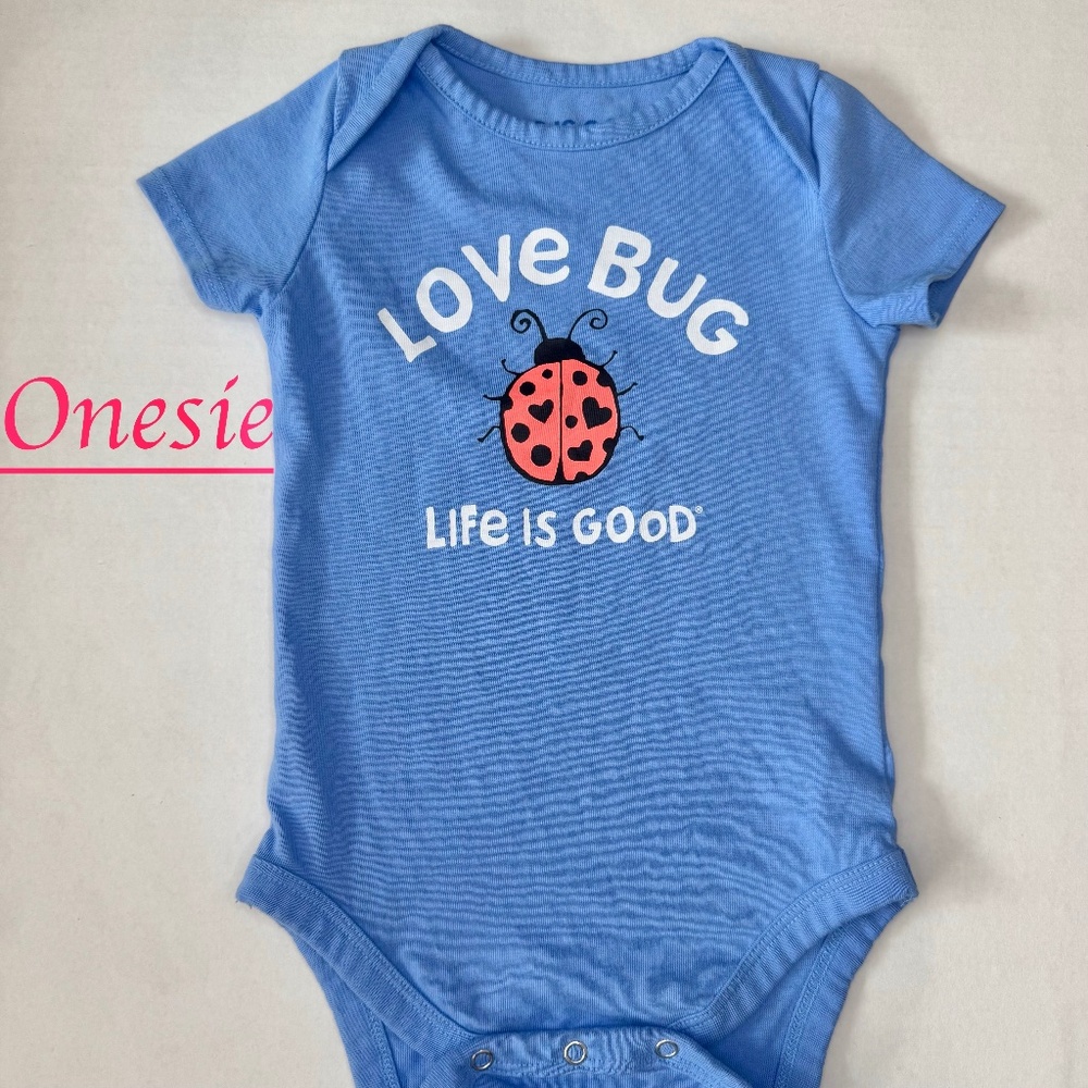 LIFE IS GOOD Onesie/Infant "LOVE BUG" Blue/Short Sleeve/Bodysuit/12 - 18 mo